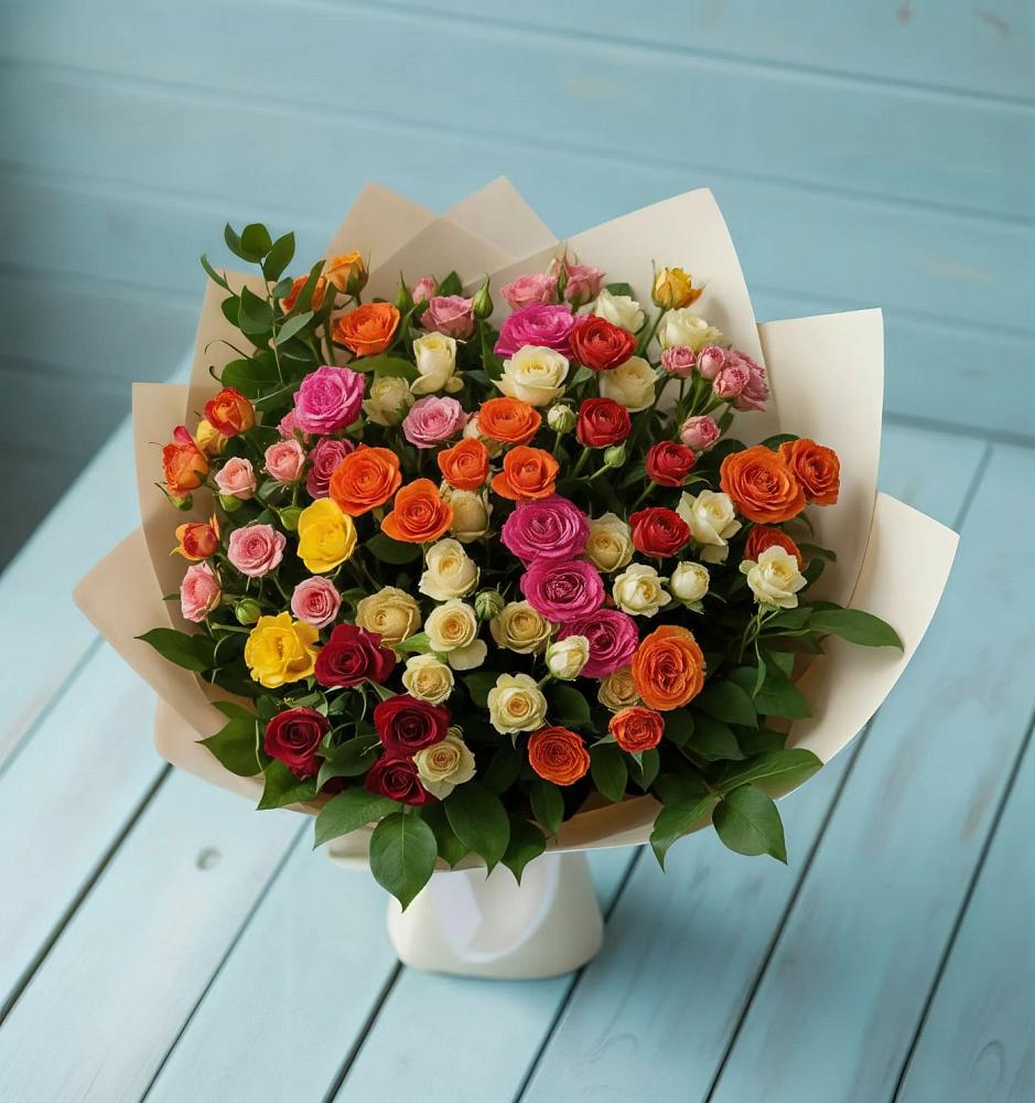 Букет Микс из разноцветных кустовых роз в Комсомольский Республики Дагестан