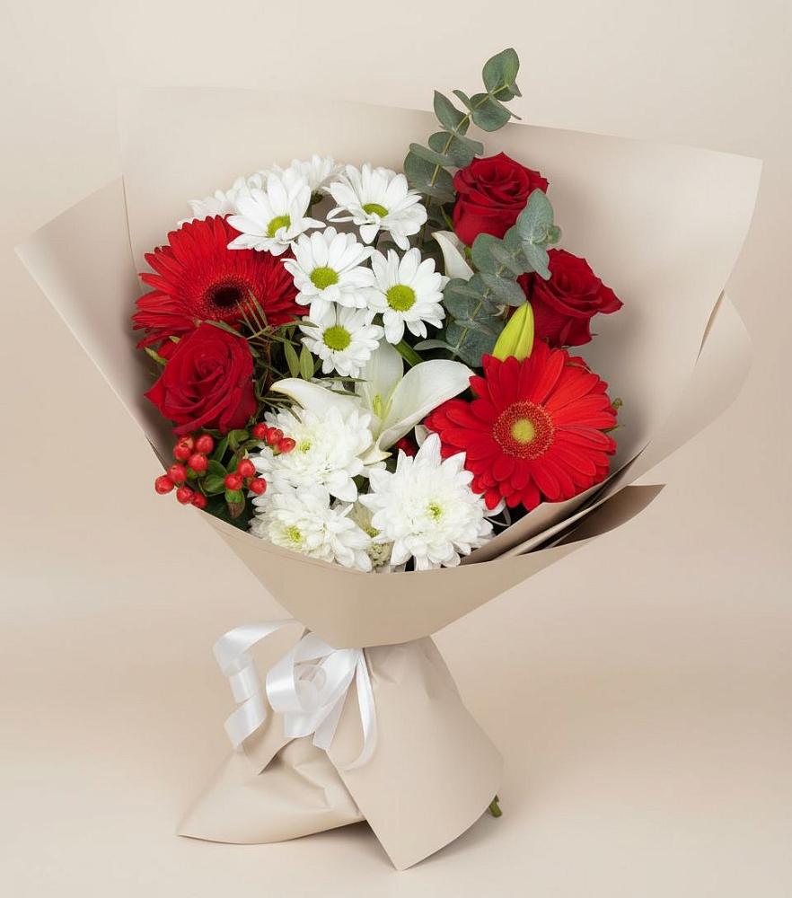 Букет цветов из: Розы, Хризантемы, Герберы и Лилии в Комсомольский Республики Дагестан