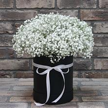 Цветочная композиция из Гипсофила в шляпной коробке в Комсомольский Республики Дагестан