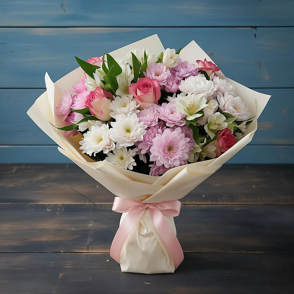 Букет цветов из: Хризантемы, Альстромерии и Розы в Комсомольский Республики Дагестан